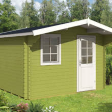 Introducing the Billings model from our Premium Model Collection. A perfect choice for expanding your living area. Construction with pre-cut and numbered components painted in lime green. The windows and doors are mid grade double glazed, weather-stripped with tilt/turn hardware. Doors include mortised locks, deadbolts with keys. 3D preview showcasing this versatile garden shed, suitable for various purposes such as tool storage, a studio, a she shed, a man cave, a hot tub/swimming pool change room, bicycle storage and more. Crafted from premium Nordic white spruce wood, guaranteeing high quality. Do it yourself building kit.