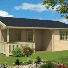 3D render image of a tiny log house in nature, a cottage offering comfortable and compact living space. Do-it-yourself building kits.