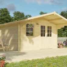 Architectural 3D view of a wooden garden shed. The building features double-wide half-glazed doors and a front window. The roof extends over the entire surface, providing functional coverage to the front area. The shed is situated on a wooden deck and surrounded by greenery and flowers.