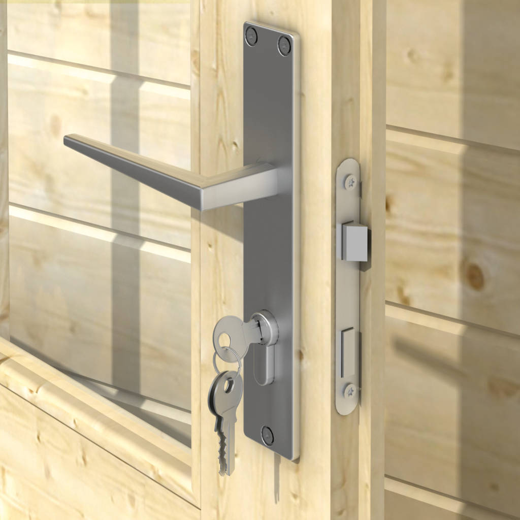 Entry door, lock, deadbolt, keys, trims. Hardware for doors. Do it yourself building kits. EZ Log Structures. Cylinder Locks A robust door handle and lock is always included as standard.