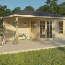 Atlanta 1 - a classic model of a wooden cabin with gazebo. Walls made of wooden logs. Double-glazed double glazed tilt & turn windows & doors with weather-stripping, Decorative shed with double wide wooden doors with laminated styles and rails, mortise lock, deadbolt and keys, removable wooden grilles and two single wide high ventilation windows with wooden grilles. Features an extended overhang with a solid back wall and adjustable post.