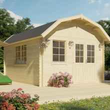 3D rendering of a log garden shed with a distinctive gambrel roof. It features double wide half-glazed doors and windows, along with decorative wooden flowerpots and sun loungers.