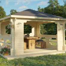 3D barbecue shelter project in a natural setting. This model features a cottage-style roof. Inside the arbor, there is a wooden table with benches.
