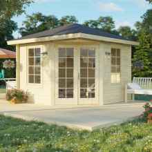 3D rendering of a half hexagonal arbor, log shed Victoria B - extended living space surrounded by nature. Wooden structure with long glass windows and double wide glass doors. Natural untreated Nordic spruce wood. Do-it-yourself building kits.