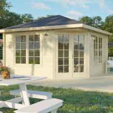 3D rendering of a half hexagonal arbor, log shed Victoria C - extended living space surrounded by nature. Wooden structure with long glass windows and double wide glass doors. Natural untreated Nordic spruce wood. Do-it-yourself building kits.