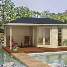 Atlanta 2 - a classic model of a waterfront wooden arbor with gazebo. Walls made of wooden logs. Double-glazed double glazed tilt & turn windows & doors with weather-stripping, Decorative shed with double wide wooden doors with laminated styles and rails, mortise lock, deadbolt and keys, removable wooden grilles and two single wide high ventilation windows with wooden grilles. Features an extended overhang with a solid back wall and adjustable post.