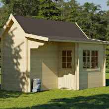 3D render of a log shed with double glazed tilt and turn windows and doors featuring weather-stripping. 3D preview showcasing this versatile garden shed, suitable for various purposes such as tool storage, a studio, a she shed, a man cave, a hot tub/swimming pool change room, and more. Crafted from premium Nordic spruce wood. Do-it-yourself building kit.