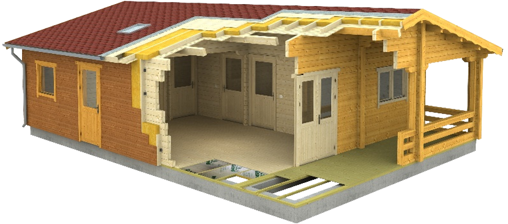 Cross-section of the house structure. 3D view. 3D rendering. EZ Log Structure. Do it yourself building kits.