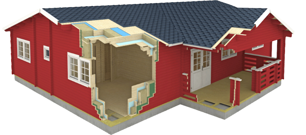 Cross-section of the house structure. 3D view. 3D rendering. EZ Log Structure. Do it yourself building kits.