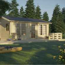 3D visualization of a wooden cabin project with a terrace. It has an open gable black roof, double-wide tall wooden windows, and glass doors. Next to the cabin, there is a relaxation area with a sunbed, umbrella, hammock, and a kayak on the grass.