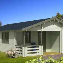 3D render view prefab modern log house - Bismark B from Premium Model collection. The Bismark B is an all wood, timer cabin, manufactured home using thick solid walls. Welcoming roofed entrance into the home. Cosy deck at the front house. Affordable, energy efficient, natural wooden cabin. Easy to build with pre-cut, numbered, solid timber components. Premium double glazed wood windows. 3D view of nordic spruce, wooden cottage. Open gable roof. Do it yourself building kits. Easy to follow building instructions. Do it yourself construction. Cheap kit homes. Best prefab house kits.