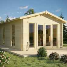 A 3D architectural visualization showcasing a sunroom project in a natural setting. A large wooden sunroom house with tall windows and fully glazed double doors. The roof is in an open gable style, and inside, the vaulted ceiling adds a sense of openness.