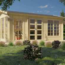 A 3D architectural visualization showcasing a sunroom project in a natural setting. A large two-room sunroom house with tall windows and fully glazed double doors. The roof is in an open gable style, and inside, the vaulted ceiling adds a sense of openness. Conservatory with an orange tree.