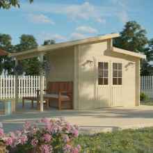 Log garden shed. Natural wooden pre-cut, numbered components. Double wide entry doors. Untreated natural wood, high quality white spruce. Skillion and lean-to roof. Do it yourself building kits. Relaxing outdoor living space. Garden bench.