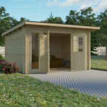 3D render of a backyard log shed. It features double-wide half-glazed doors and long windows. The entrance doors to the shed are open, and inside, there is a lounge sofa. The shed has a distinctive external shed roof style.