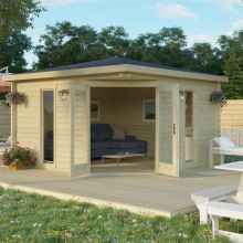 Wooden garden shed with inviting fully glazed open wooden doors. Inside the shed, there is a large lounge sofa. The half-hexagonal garden shed is situated on a wooden deck, and nearby are outdoor lounge furniture.