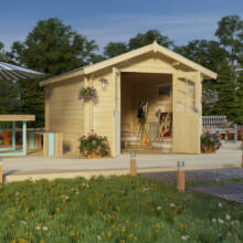 Introducing the Zion model from our Premium Model Collection. Construction with pre-cut and numbered components. The double glazed tilt & turn doors with weatherstripping, treated floor beams, tongue and groove floor boards. 3D preview showcasing roomy interiorwith is suitable as art studio, tool shed, tea room, hobby room. Do it yourself building kit.