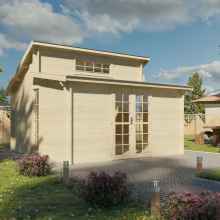 This is a 3D architectural design of a log cabin with double-wide fully glazed doors and tall windows. It has a skillion and lean-to roof style. There is a table, benches, and a umbrella In the garden.