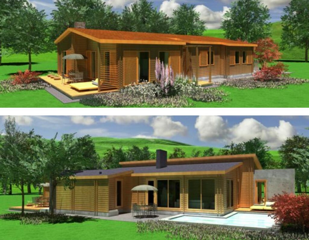 EZ Log Structure. Wooden house. Prefab homes. Module houses. Di it yourself building kits. Affordable building kits. Energy efficient house. Natural wooden walls. Easy to build. Pre-cut, numbered, solid wood components. Tempered glass exterior doors. Double wide wood windows.