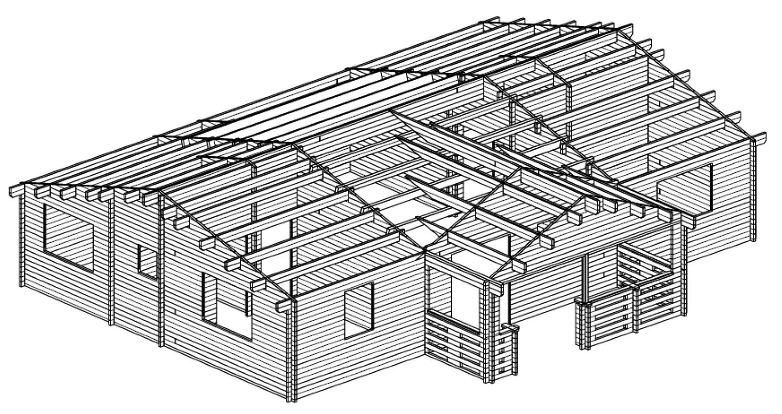 Wireframe. Technical drawing of a large house. Central section of the frame house design. Do it yourself building kits. EZ Log Structures.