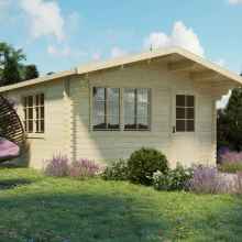 Wooden cabin with single glass door and extended roof. There are flowers and ornamental shrubs on the patch at the entrance to the cabin. 3D exterior architectural perspective of a prefabricated cabin.