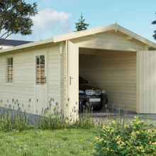 Rendering of a single wooden car garage with open double wide doors and side entrance. Surrounded by greenery and flowers.