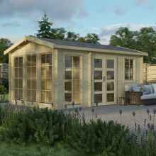 Wooden cabin with glass double doors and built in sunroom. At the entrance to the cabin there is an outdoor rattan sofa and violet lavender in the garden. External architectural perspective in 3D of a prefabricated cabin.