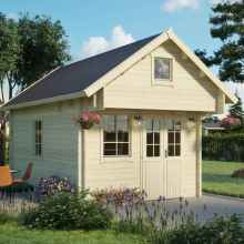 Wooden cottage with an loft. The entrance to the cabin is a double door made of wood and tempered glass. Around the cabin there is a glass table with rattan chairs and lots of plants. 3D rendering of a prefabricated cabin.