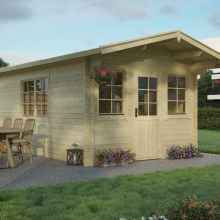 Wooden garden shed with a roofed entrance with a typical open gable roof style. The outdoor space is full of flowers and shrubs. Next to the house there is an outdoor bamboo table with chairs. External architectural perspective in 3D of a garden shed.