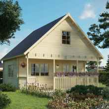 3D rendering of the A-line roof cabin design. Lofted wooden cabin. Front porch railings. Cozy farm cabin.