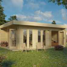 3D rendering of decorative backyard shed Sabrina. Classic design with long panoramic windows.