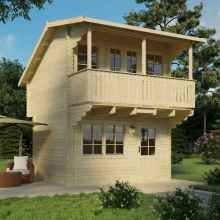 Wildberry Bunkie 3D rendering cabin visualisation. Wooden structure set in the garden surrounded by trees.